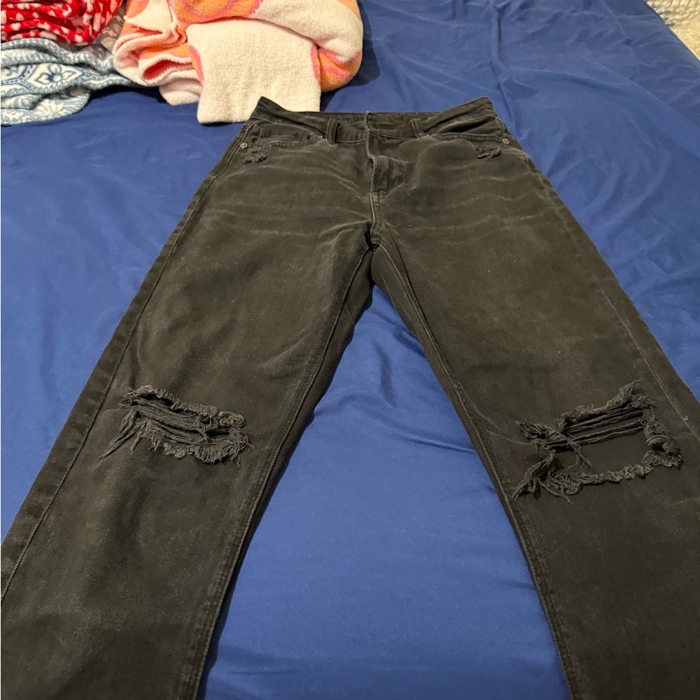American Eagle Outfitters Black Straight Leg Jeans with Distressed Details